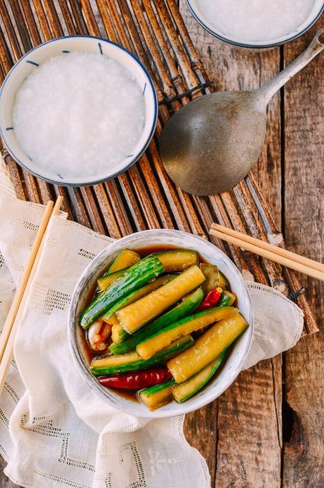 Chinese Pickled Cucumbers (酱黄瓜) - The Woks of Life Pickled Cucumbers Recipe, Pickles Cucumbers, Pickled Mustard Greens, Black Vinegar, Pickled Cucumbers, Pickled Cucumber, Dried Chili Peppers, Basic Chinese, Taiwanese Food