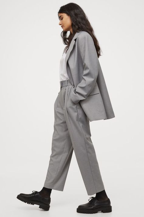 Creased Pants - Gray - Ladies | H&M US H&m Models, Human Png, People Architecture, People Cutout, Woman In Suit, Woman Png, Lady Grey, Twill Pants, Ankle Length Pants