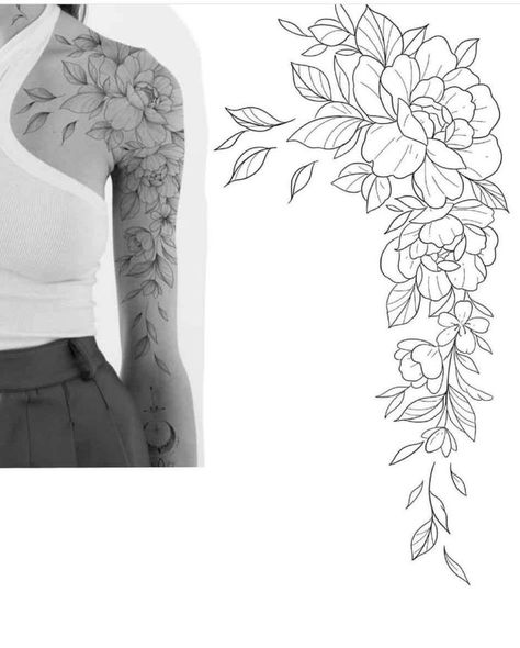 Back Tattoo For Women, Shoulder Sleeve Tattoos, Arm Sleeve Tattoos For Women, Floral Tattoo Shoulder, Feminine Tattoo Sleeves, Flower Tattoo Shoulder, Upper Arm Tattoos, More Tattoo, Floral Tattoo Sleeve