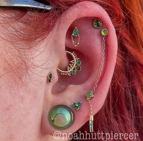 Turquoise Ear Jewelry, Ear Piercing Curation With Gauges, Ear Curation With Gauges, Witchy Ear Piercings, Opal Ear Curation, Hippie Ear Piercings, Stretched Ears With Earrings, Unconventional Piercings, 00g Stretched Ears