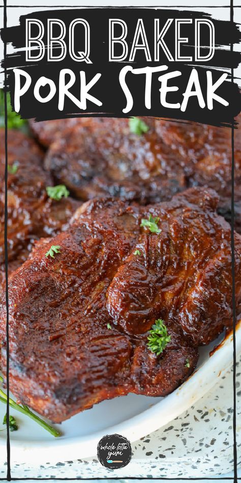 An easy BBQ baked pork steak in oven recipe that's keto, low carb, and gluten free! Pork Steak In Oven, Pork Steaks In The Oven, Steaks In Oven, Baked Pork Steaks, Pork Steak Oven, Bbq Pork Steak, Bbq Pork Steaks, Pork Steak Marinade, Pork Steak Recipes