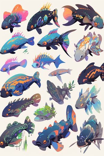 Small Creature Design, Fish Creature Design, Sea Creature Concept Art, Ocean Fish Drawing, Fish Concept Art, Fantasy Sea Creatures, Fish Reference, Fantasy Fish, Sea Creatures Art