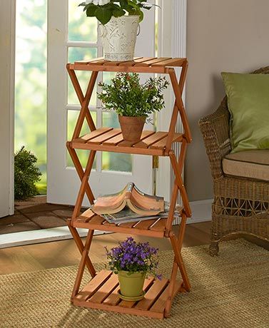 This 4-Tier Foldable Wood Shelving is ideal for storage or display. t's constructed with a classic slat board look to coordinate with almost any decor style. Frame has an accordion design that goes from folded flat to fully assembled in seconds. Simply o Plant Rack, Stand Flower, Tall Plant Stands, Support Pour Plante, Balcony Flowers, Plant Stands Outdoor, Balcony Patio, Garden Floor, Wooden Plant Stands