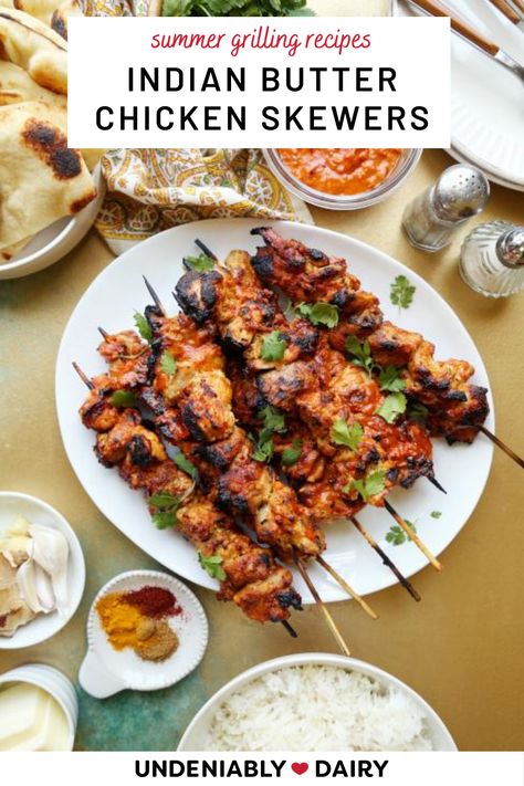 Grilled Indian Food, Indian Grill Recipes, Indian Chicken Kabobs, Indian Grilled Chicken Recipes, Indian Chicken Skewers, Indian Skewers, Food Ideas Indian, Butter Chicken Skewers, Labor Day Food Ideas