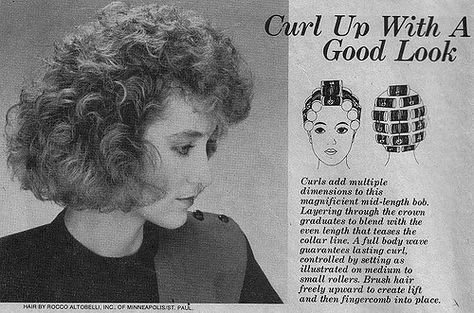 Another beautiful style, using the classic technique of perming the hair for body, and then using rollers for curl. It probably required setting at least every few days. 80s Hair Tutorial, 70s Hair And Makeup, 80s Hair Styles, 1980s Hair, Vintage Hairstyles Tutorial, Hair Roller, 70s Hair, Retro Makeup, 80s Hair