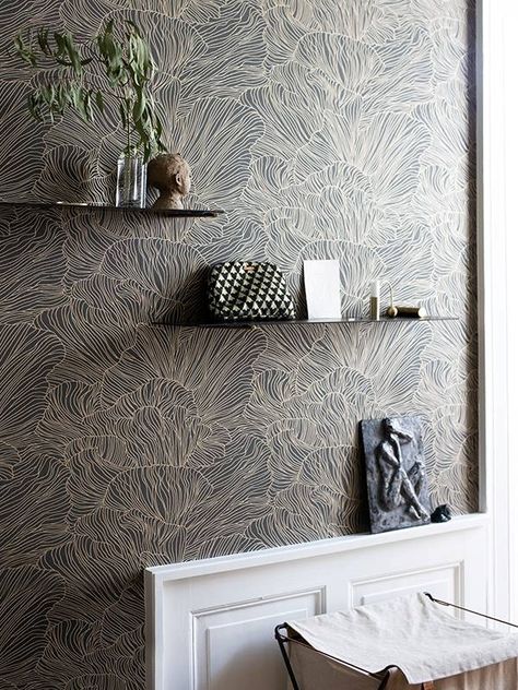 Coral Wallpaper - Dark Green/Gold 2 Ferm Living Wallpaper, Coral Wallpaper, Homemade Furniture, Hidden Spaces, Hidden Rooms, Secret Rooms, Modern Wallpaper, Wallpaper Online, Ferm Living