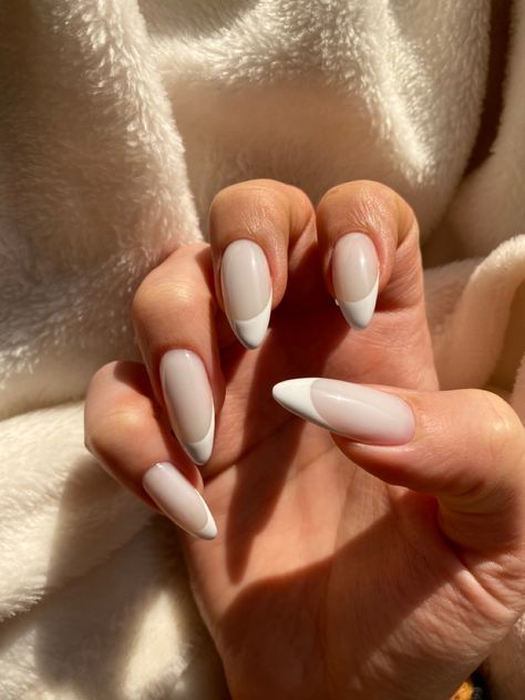 Milky French Manicure Almond, Marshmallow French Tip Nails, Milky French Almond Nails, French Tip With Milky Base, Off White French Tip, Marshmallow French Nails, Milky White Nails French Tip, Milky White French Tip Nails Almond, Milky White Gel Nails French