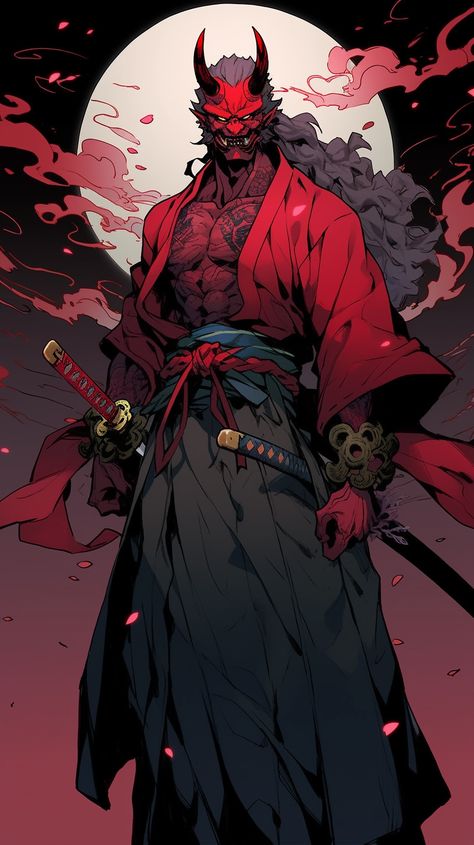 Fantasy Ronin Art, Oni Art Male, Oni Samurai Art, Japanese Ronin Art, Oni Fantasy Art, Oni Concept Art, Oni Oc Male, Samurai Anime Art, Japanese Mythology Creatures