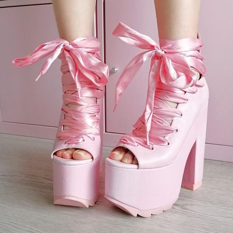 Pink Pure Vigilance Platform Boots, Feminine Pink Platform Heels, Pink Harajuku Heels For Party, Pink Kawaii Heels, Pink Alternative Fashion, Dolls Kill Pink Platform Boots, Ballet Doll, Alternative Shoes, Dr Closet