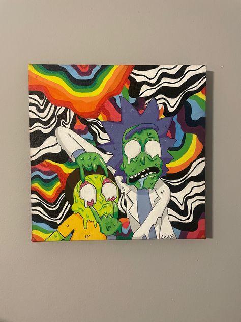 Rick And Morty Trippy Drawing, Cool Rick And Morty Art, Cool Rick And Morty Paintings, Rick Morty Painting, Rick And Morty Room Ideas, Rick And Morty Painting Trippy, Rick And Morty Painting Acrylic, Rick And Morty Art Canvas, Rick And Morty Draw Trippy