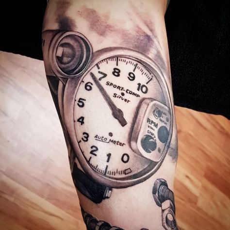 Mens Car Tattoos Ideas, Automotive Sleeve Tattoo, Rpm Gauge Tattoo, Tachometer Tattoo, Racing Tattoos For Men, Diesel Mechanic Tattoo, Turbo Tattoo Design, Rpm Tattoo, Car Enthusiast Tattoo