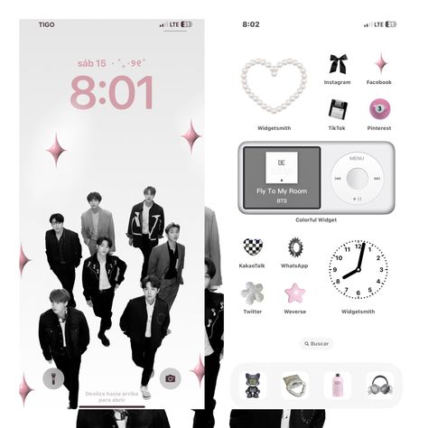 Bts Ios Layout, Kpop Ios Layout, Ios 16 Ideas, Ios 16 Lockscreen, Ios Aesthetic, Lockscreen Ios, Ios App Iphone, Bts Backgrounds, Phone Inspo