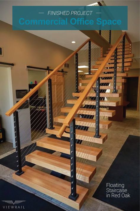 For many years, the idea of an "office" brought to mind boring white walls and dreary decor. However, in recent years, we've been pleased to see a movement toward more interesting and inspiring architecture. Today's modern office is more likely to feature thoughtful design; much like this office in Petoskey, Michigan. It needed a staircase that could fit into a small space without sacrificing safety or style. Our floating staircase was the perfect solution. #floatingstairs #stairs #Viewrail Modern Staircase Railing, Industrial Staircase, Traditional Staircase, Escalier Design, Stair Remodel, Floating Stairs, Floating Staircase, Floor Remodel, Modern Stairs