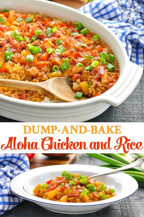 Aloha Chicken And Rice, Aloha Chicken, Dump And Bake, Raw Chicken, Low Sodium Chicken Broth, Savory Sauce, Homemade Dinner, Chicken And Rice, Rice Casserole