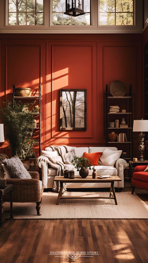 Burnt Orange Sitting Room, Burnt Orange Feature Wall, Orange Panelling, Burnt Orange Walls, Conservatory Office, Burnt Orange Living Room, Burgundy Living Room, Paneled Walls, Cottage Rustic