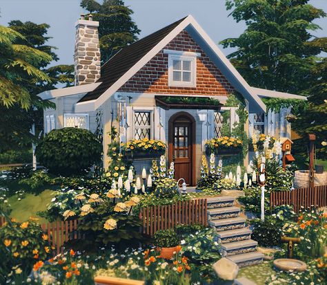 Sims Landscaping Ideas, The Sims 4 Landscaping, Cottagecore House Sims, Sims 4 Cottagecore House, Sims Cottage House, The Sims 4 Cottage House, Sims Landscaping, Cottagecore Sims 4, Sims Cottagecore