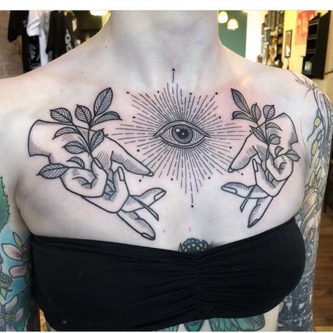 Chest Tattoo Female American Traditional, Old School Chest Tattoo Female, Circle Chest Tattoo, Eye Chest Tattoo Female, Whimsical Chest Tattoo, Celestial Chest Tattoo, Tattoo Woman Chest, American Traditional Collar Bone Tattoo, Collar Tattoos For Women