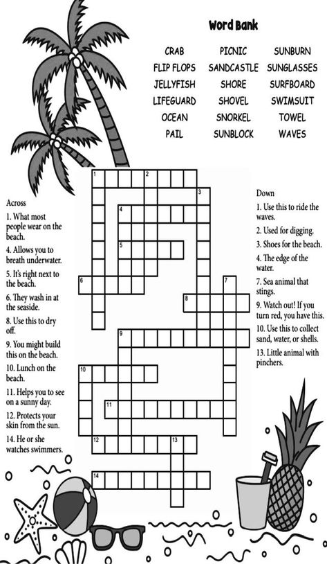 Summer Crossword, Kids Crossword Puzzles, Kids Quiz Questions, Adult Color By Number, Nursing Home Activities, Preschool Schedule, English Lesson Plans, Counting For Kids, Pattern Worksheet