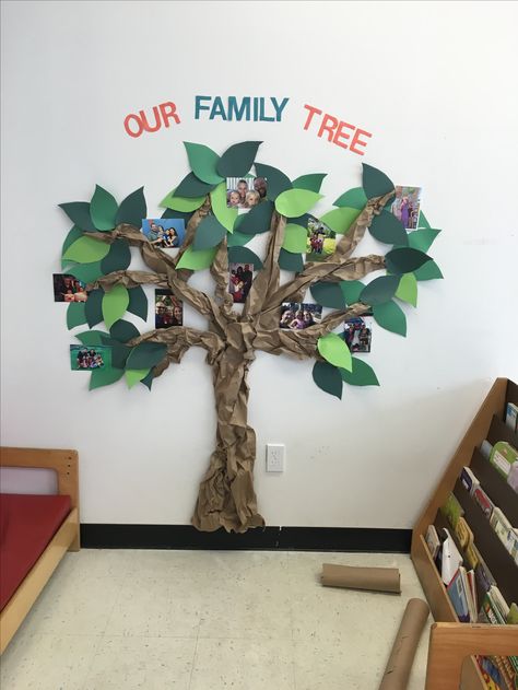 Daycare Family Wall Ideas, Family Tree Infant Classroom, Family Tree Ideas Preschool Classroom, Family Tree Ideas For Daycare, Family Tree Eyfs Display, Tree Wall Decoration Preschool, Trees For Classroom Decoration, Family Tree Nursery Ideas, Family Tree Ideas Preschool