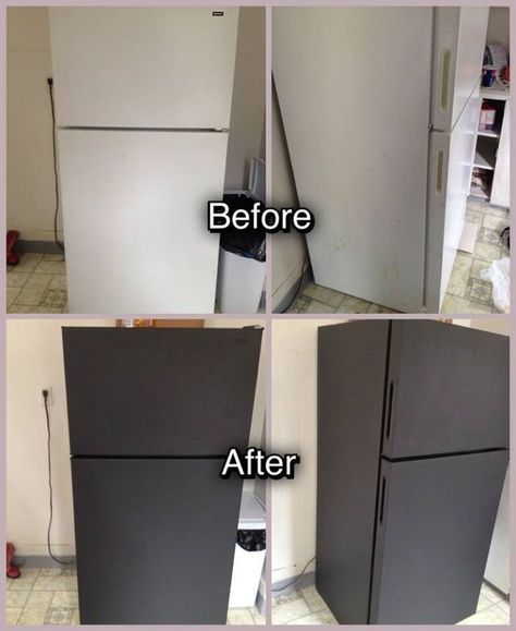 Fridge Painting Ideas, Painted Appliances, Vinyl Wrap Kitchen, Appliance Makeover, Old Fridge, Mobile Home Redo, Chalk Board Paint, Painted Fridge, White Fridges