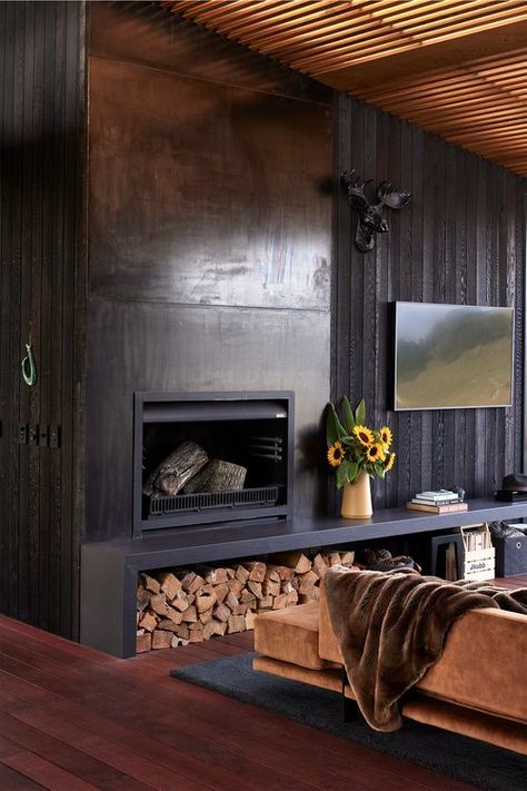 The Nest — Edwards White architects Fireplace Modern Design, Fireplace Accent Walls, House Lounge, Scandinavian Farmhouse, Contemporary Cabin, Metal Fireplace, Engine House, Fireplace Tv Wall, Small Building