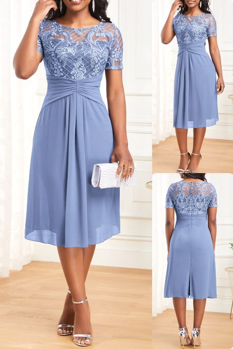 Step into elegance with Rosewe’s Lace Patchwork Light Blue Boat Neck Dress. Perfect for any party, this midi dress features exquisite lace and patchwork details, a chic boat neck, and ruched accents for a touch of sophistication. Comes with 1 dress that promises to make you the star of the evening. 🎉👗  #RoseweFashion #ElegantStyle #PartyDress #LaceDetailing #PatchworkPerfection #BoatNeckBeauty #MidiDressLove #ShortSleeveChic #RuchedDesign #LightBlueElegance Formal Dresses With Sleeves, Blue Boat, Boat Neck Dress, Sciatic Nerve, Lace Patchwork, Nerve Pain, The Star, Boat Neck, Party Dresses