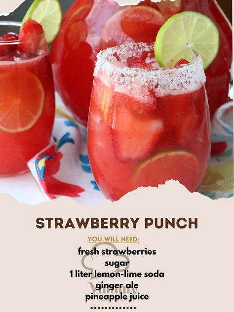 🍓 Refresh and delight with Strawberry Punch! Perfect for parties or a sunny day sip. #StrawberrySeason #PunchTime Strawberry Punch Recipe 🍹 Ingredients: 500g fresh strawberries, hulled and halved 100g sugar 1 liter lemon-lime soda 500ml ginger ale 500ml pineapple juice Ice cubes Lemon slices and mint leaves for garnish Instructions: In a blender, puree the strawberries with sugar until smooth. Pour the strawberry puree into a large punch bowl. Add lemon-lime soda, ginger ale, and pineappl... Drink Themed Party, Homemade Punch Recipes, Party Punch Non Alcoholic, Punch Bowl Recipes, Wedding Punch Recipes, Sorbet Punch, Strawberry Punch Recipes, Strawberries With Sugar, Pineapple Lemonade Recipe