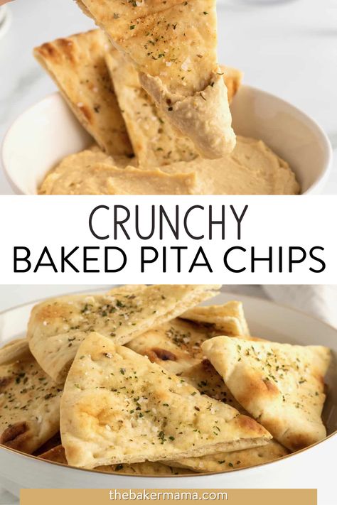 These perfectly seasoned Crunchy Baked Pita Chips have all the crunch you love without any of the frying! Ten minutes in the oven turns fresh pita bread into chips ready to dip in your favorite hummus. Homemade Baked Pita Chips bring all of that crunchy pita chip goodness you love without any of the messy frying. These crispy, delicious chips are perfectly seasoned with garlic, oregano, parsley and a sprinkle of kosher salt. They taste amazing on their own or dipped in creamy hummus. Pita Bread Chips Recipes, Baked Pita Chips Recipe, Home Made Pita Chips, How To Make Pita Chips From Pita Bread, Pita Chips Baked, Pita Dip, Homemade Pitas, Pita Bread Chips, Breakfast Biscuit Recipe