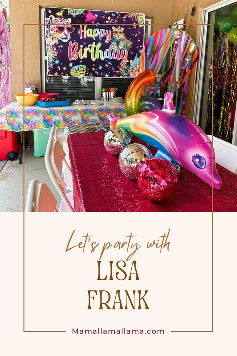 At Home Lisa Frank Birthday Party, Mamallamallama on the weekly Diy Lisa Frank Party, Lisa Frank Themed Party, Lisa Frank Party Decorations, Lisa Frank Birthday Party Ideas, Girls 9th Birthday Party Themes, Lisa Frank Birthday Party Decorations, Lisa Frank Birthday Cake, Lisa Frank Party Ideas, Lisa Frank Aesthetic