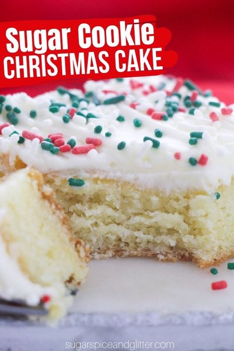 A decadent sheet cake recipe with all of the flavor of sugar cookies, topped with a luscious cream cheese frosting. The perfect, simple Christmas cake for a low-key holiday dessert Christmas Sheet Cake Recipes, Holiday Sheet Cakes, Christmas Cake Birthday, Cream Cheese Sheet Cake, Christmas Sheet Cake, Christmas Desserts Recipes, Sugar Cookie Cake Recipe, Easy Christmas Cake, Sugar Cookie Cake