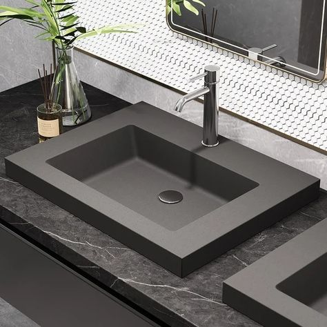 23"Rectangular Concrete Gray Drop-in Bathroom Sink Above Vanity Sink, Modern Sinks For Bathroom, Black Sinks In Bathroom, Sinks Bathroom Modern, Contemporary Minimalist Bathroom, Hanging Sink Bathroom, Grey Sink Bathroom, Guest Bathroom Decor Inspiration, Restroom Sink Ideas