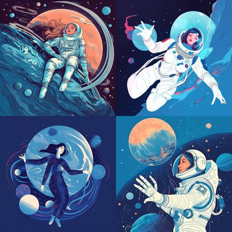 Floating In Space Pose, Aries Moross, Plan Illustration, Astronaut Floating In Space, Woman Floating, Illustration Space, Outer Space Art, Astronaut Illustration, Space Scene