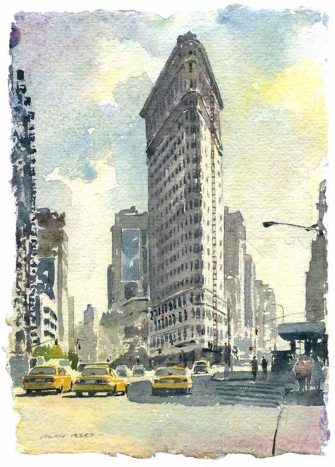 Nyc Aesthetic Wallpaper, Flatiron Building Nyc, New York Prints, New York Illustration, New York Painting, City Artwork, Building Painting, Typography Artwork, Watercolor Architecture