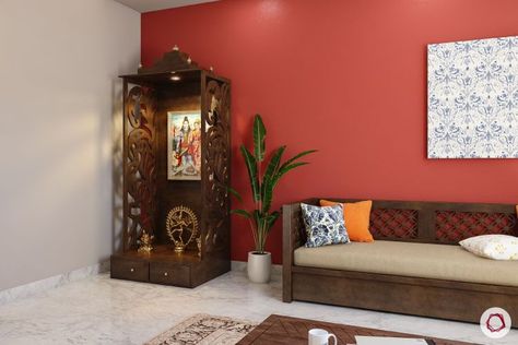 Home temple-compact unit-corner pooja room-woooden unit Devhara In Living Room, Temple Design For Home Living Rooms, Corner Temple Design For Home, Mandir Ideas, Puja Unit, Mandir Designs, Puja Mandir, Mandir Design, Indian Living Rooms