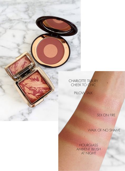 Charlotte Tilbury Cheek to Chic Walk of No Shame and Hourglass Blush At Night Charlotte Tillberry Blush, Hourglass Blush Swatch, Charlotte Tilbury Blush Swatches, Charlotte Tilbury Blush, Cheek To Chic Blush, Charlotte Tilbury Cheek To Chic, Hourglass Blush, Charlotte Tilbury Makeup, Blush Lipstick