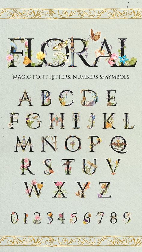 Magic Font, Enchanted Flowers, Garden Poster, Botanical Vintage, Floral Alphabet, Vintage Elements, Cute Fonts, Awesome Designs, Creative Fonts