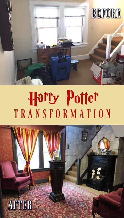 Follow along with the transformation of this unloved storage space into a fun “Magical Common Room” inspired by Harry Potter! Harry Potter Hidden Room, Harry Potter Homeschool Room, Harry Potter Inspired Bedroom Wallpaper, Harry Potter Themed Game Room, Harry Potter Living Room Decor Ideas, Harry Potter Themed Office Decor, Harry Potter Room Of Requirement, Harry Potter Room Painting Ideas, Harry Potter Laundry Room Ideas