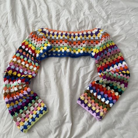 Multicoloured handmade crochet scrap sleeves, bright... - Depop Crochet Projects Multicolored Yarn, Scrap Crochet Cardigan, Crochet Market Ideas To Sell, Wearable Crochet Projects, Shruggie Crochet, Crochet Scrap Sweater, Scrap Crochet Projects, Crochet Color Combinations, Crochet Scrap Yarn Projects