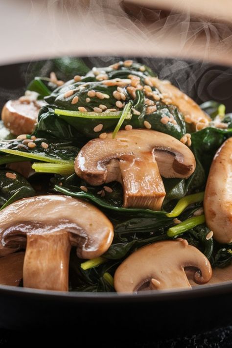 Sautéed mushrooms and spinach with sesame seeds steaming in a pan. Mushroom Keto Recipes, Keto Mushrooms, Almond Crusted Chicken, Mushrooms And Spinach, Food Thoughts, Crusted Chicken Tenders, Butter Chicken Curry, Mushroom Spinach, Avocado Soup