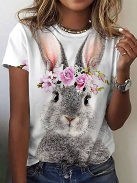 Shop T-Shirts - Zolucky Short Sleeve White Women T-Shirts Round Neck Polyester Casual Daily Animal T-Shirts online. Discover unique designers fashion at Zolucky Oversized White T Shirt, Easter Cute, Tunic Tops Casual, Short Sleeve Shirt Women, Women Tshirt, Bunny Print, Rabbit Print, Flowers Print, Womens Tops Summer