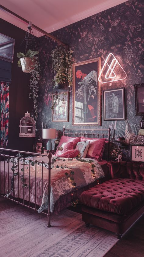 A Maximalist Bedrooms With 70's and 80's style. Vintage Bedroom Inspo Aesthetic, Maximalist Loft, Alt Room Aesthetic, Maxamilist Bedroom, Maxamilist House, Moody Maximalist Decor, Gothic Maximalism, Maximalist Bedroom Aesthetic, Maximalist Cottage