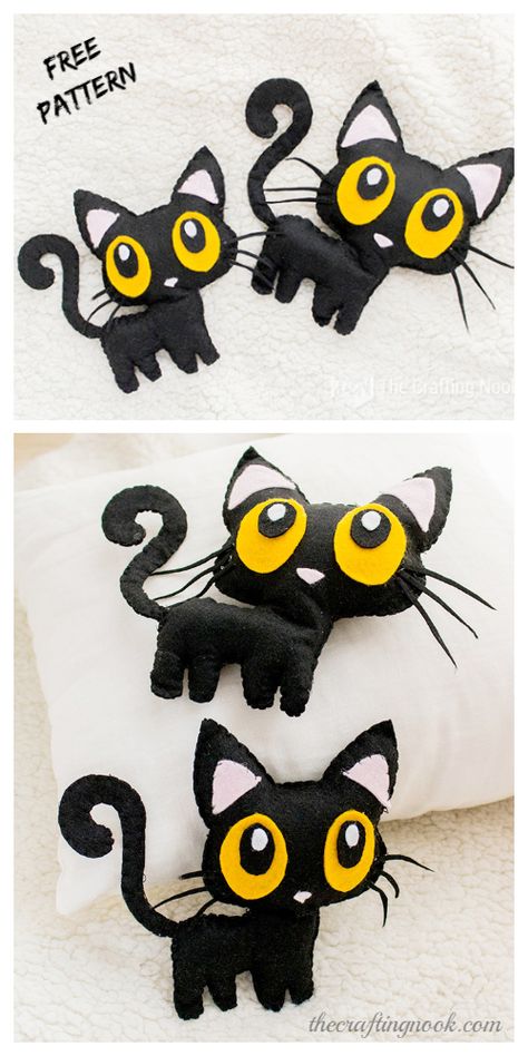 DIY Felt Halloween Black Cat Softie Free Sewing Pattern&Tutorial Free Halloween Felt Patterns, Felt Cat Pattern Free, Halloween Felt Ornaments Patterns Free, Felt Halloween Ornaments Free Patterns, Cats Diy Projects Craft Ideas, Halloween Felt Crafts Free Pattern, Free Halloween Sewing Patterns, Halloween Sewing Projects Free Pattern, Halloween Felt Ornaments