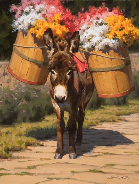 Donkey loaded with baskets of colorful flowers waits outside a Mexican flower market for his next delivery. Donkey Drawing, Mexican Paintings, Flower Baskets, A Donkey, Watercolor Paintings For Beginners, Mexico Art, Painting Subjects, Donkeys, Mexican Art