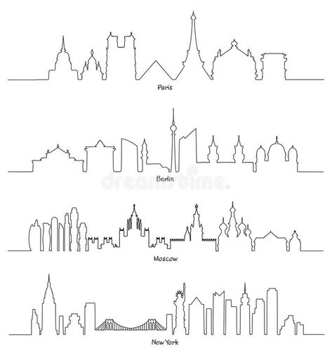 Ny Tattoo Ideas New York, New York Skyline Drawing, Moscow Drawing, Moscow Skyline, Wanderlust Tattoos, City Outline, Paris Drawing, New York Illustration, Skyline Tattoo