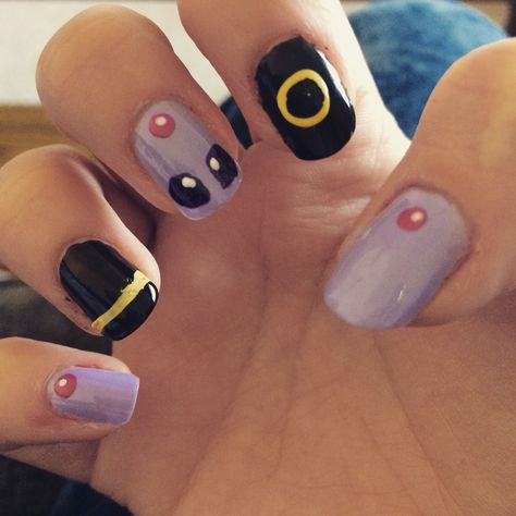 Espeon and Umbreon #espeon #umbreon #pokemon #nails #nail #art Espeon And Umbreon, Pokemon Nails, Umbreon Espeon, Umbreon Pokemon, Umbreon And Espeon, Nail Boutique, Fun Manicure, Nail Patterns, Acrylic Nails Coffin