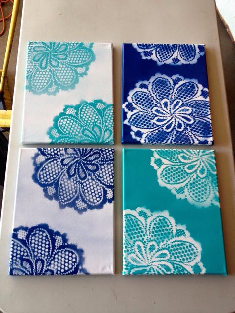 Doily canvas art ~Except use tiny canvases and lay the doily over the entire thing. Doily Art, Diy Spray Paint, Doilies Crafts, Lace Art, Diy Sprays, Metal Tree Wall Art, Hemma Diy, Canvas Crafts, Diy Canvas Art