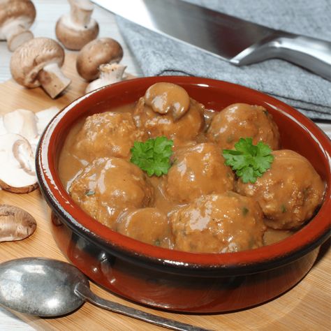 Italian Meatballs with Golden Mushroom Sauce - Feels Like Home™ Mushroom Soup Meatballs, Constant Nausea, Beef And Pork Meatballs, Golden Mushroom, Mushroom Meatballs, Golden Mushroom Soup, Perfect Meatballs, Roasted Garlic Chicken, Pork Meatballs