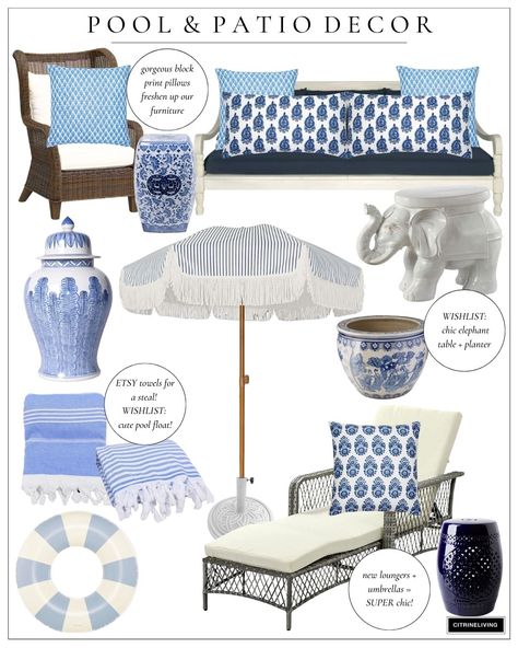 Our new pool and patio decor! Love these new pieces that will be featured by the new pool Blue And White Pool Decor, Navy Blue Outdoor Patio Decor, Backyard Pool Decor, Blue Patio Decor, Backyard Pool House, Master Patio, Block Print Pillows, Country Patio, Tropical Bedroom