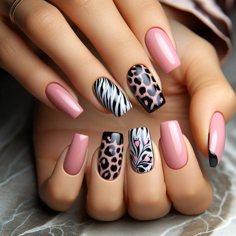 Pink Gray Nails Design, Nail Glue Remover, June Nails, Light Colored Nails, Colored Nail Tips, Nails Autumn, Black Nail Art, Animal Print Nails, Black Nail Designs