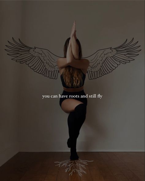 Yofga girl in eagle pose with inspiration quotes wings roots grounded dreams yoga photography journey yoga ideas Yoga Poses Quotes Motivation, Acro Yoga Quotes, Wings Caption, Yoga Captions Instagram, Aerial Yoga Quotes, Yoga Collage, Eagle Pose Yoga, Yoga Captions, Inspirational Captions